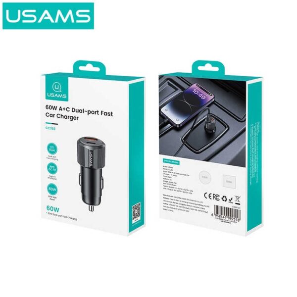 Tẩu sạc ô tô USAMS CC283 60W 2 cổng USB-A + Type-C