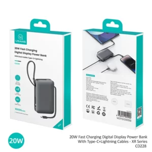 Pin Dự Phòng USAMS CD228 10000mAh 20W (Digital Display, Kèm Cáp Type-C + Lightning)